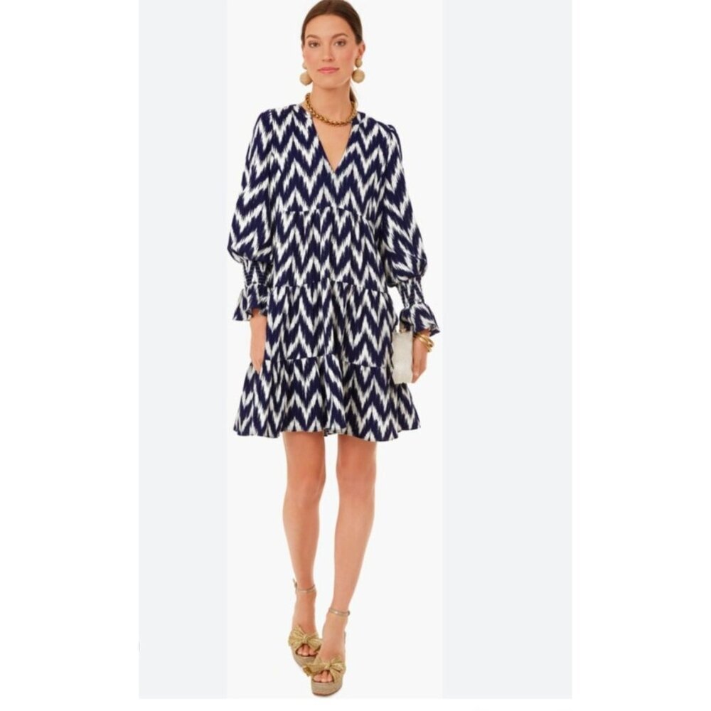 Pomander Place Navy Ikat Kenzo Mini Dress Medium Empire Waist Swing‎ Boho Preppy